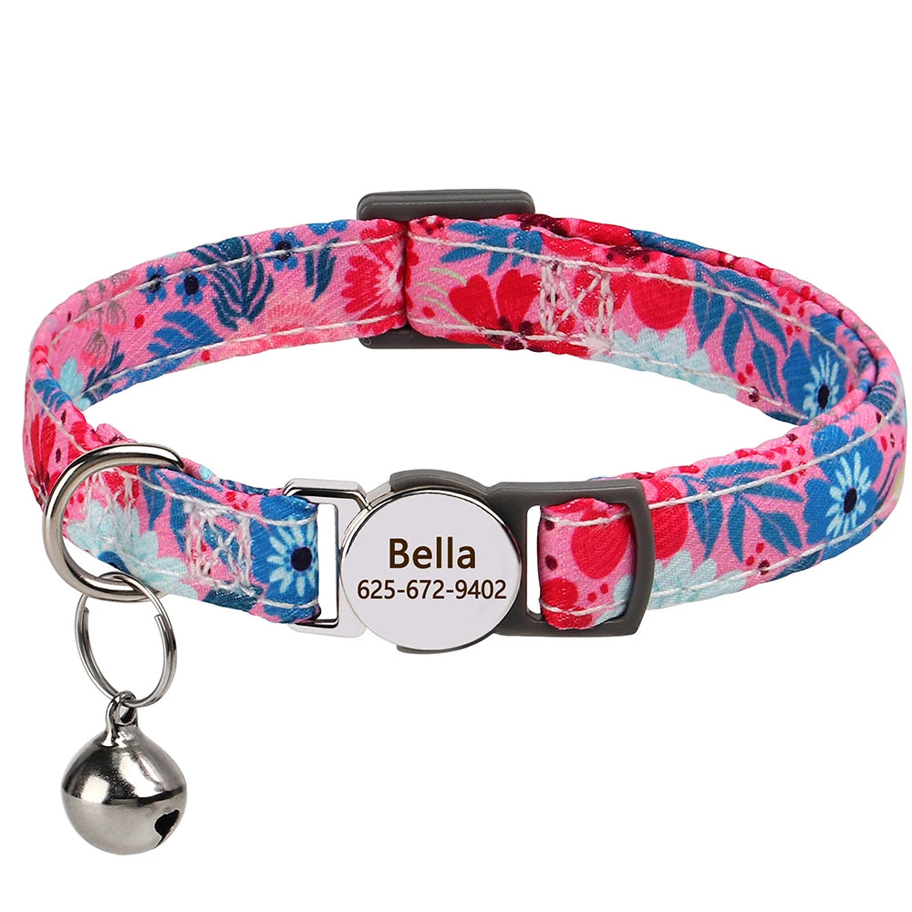 Personalized Cat Collar Quick Release Kitten Cats Collars Cute Print Nylon Pet Necklace With Bell Adjustable for Cats Puppy Pink