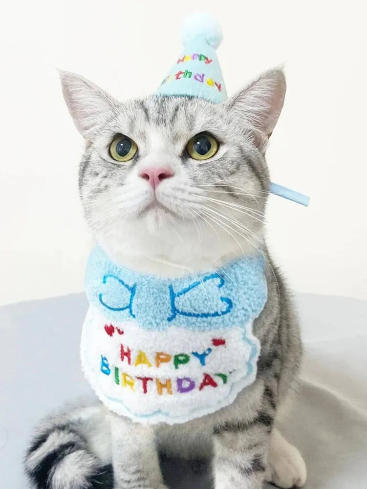Cat Dog Birthday Bib and Party Hat Mini Doggy Cat Adjustable Bandana Scarf Pet Birthday Outfit Puppy Supplies