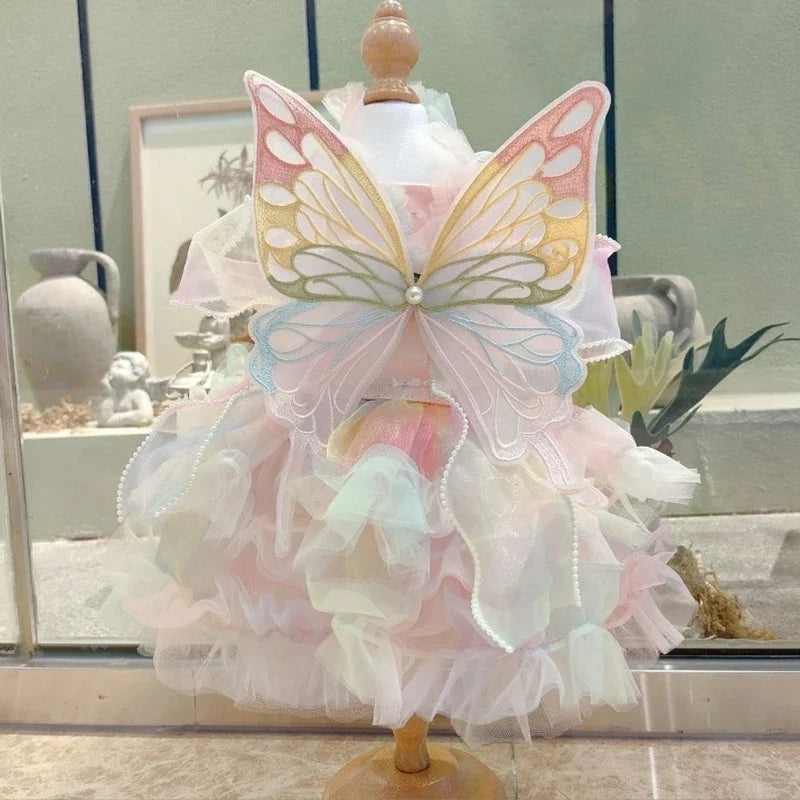 Cat and Dog Dress Summer Rainbow Butterfly Wings Gauze Bubble Skirt Princess Dress Small and Medium-sized Pet Clothing
