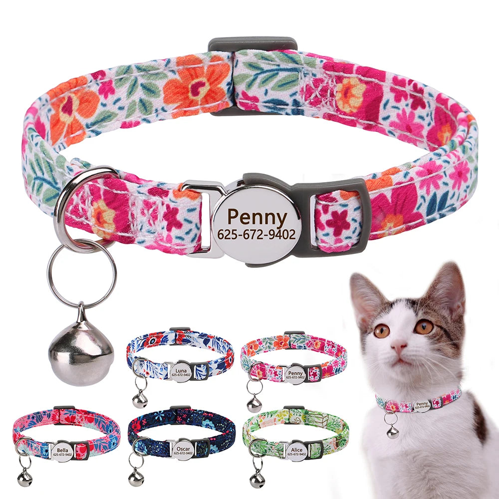 Personalized Cat Collar Quick Release Kitten Cats Collars Cute Print Nylon Pet Necklace With Bell Adjustable for Cats Puppy Pink