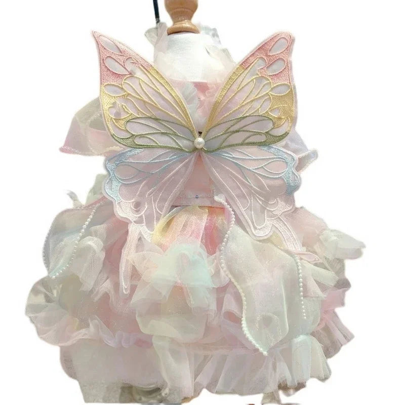 Cat and Dog Dress Summer Rainbow Butterfly Wings Gauze Bubble Skirt Princess Dress Small and Medium-sized Pet Clothing